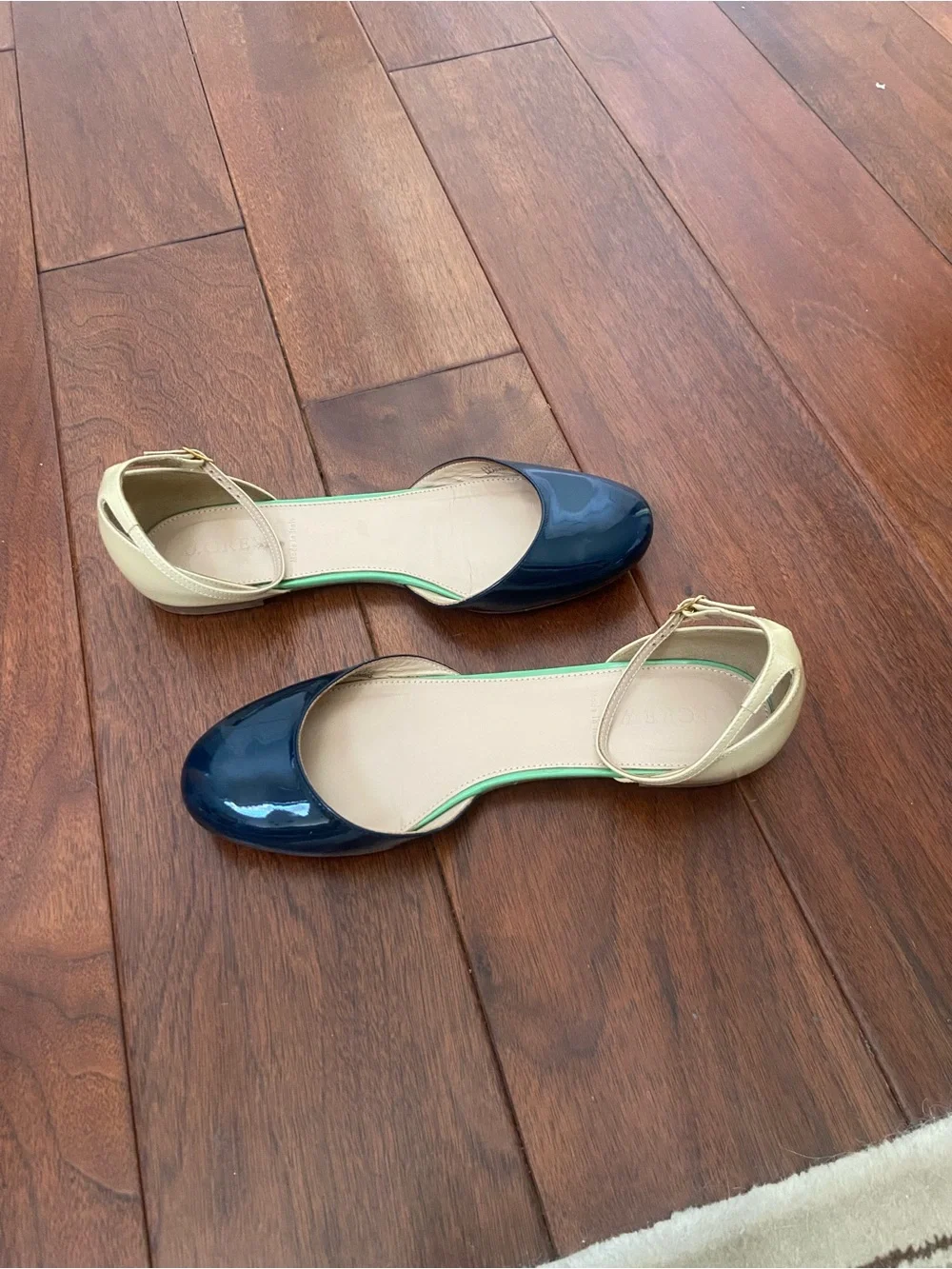 J. Crew Navy Patent D'Orsay Flats with Cream Ankle Strap